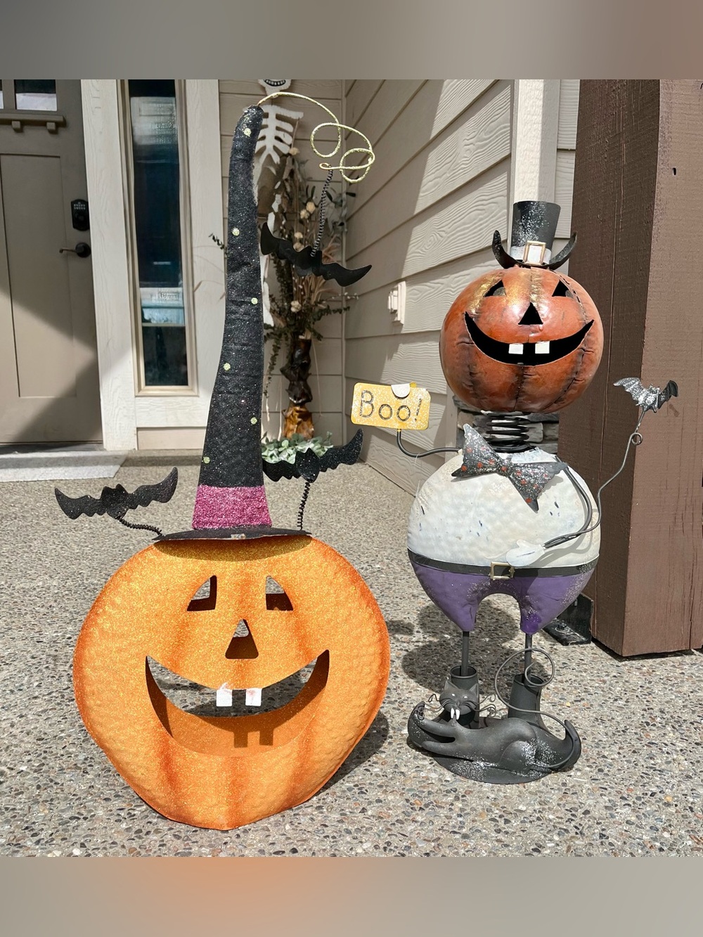 Pair of Glittery Fall Halloween Pumpkin Friends Decorative Set